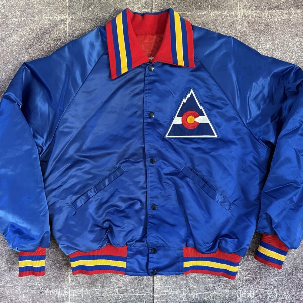 Men's Vintage 80's Starter NHL Colorado Rockies Blue Satin Bomber Jacket Sz XL